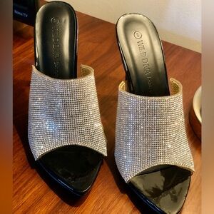 Wild Diva Silver Rhinestone Slip-On Mule Heels